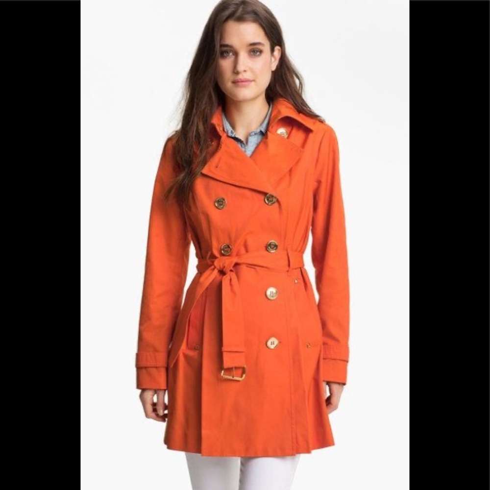 Michael Kors Trench coat poppy orange w/ gold accents size Small